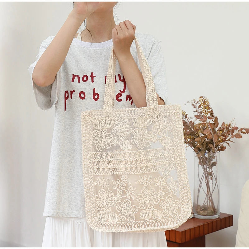 Floral Lace Tote Bag for Women – Large Capacity Mesh Shoulder Bag with Inner Pouch