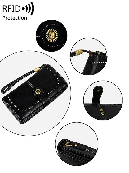 RFID Blocking Women's Trifold Long Wallet – Large Capacity Retro Leather Clutch