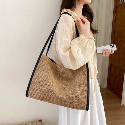 Straw Tote Bag – Large Capacity Woven Shoulder Handbag with Leather Trim