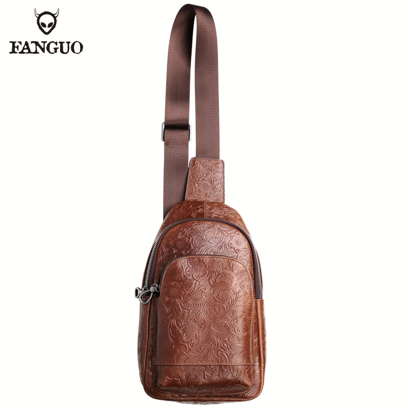Genuine Leather Chest Bag – Luxury Floral Embossed Sling Backpack for Men