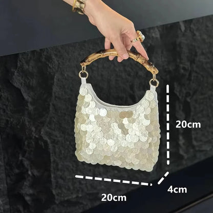 Shell Beaded Evening Bag Women Bamboo Handle Sequin Clutch