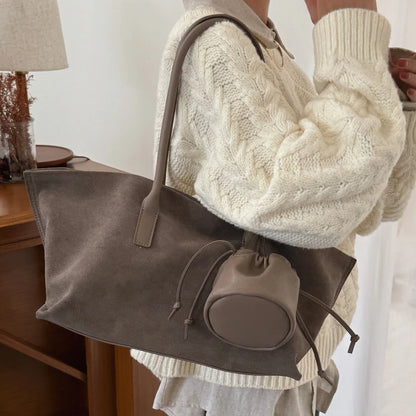 Vintage Large Capacity Suede Tote Bag Designer Trapeze Shoulder Bags Women Luxury Genuine Leather