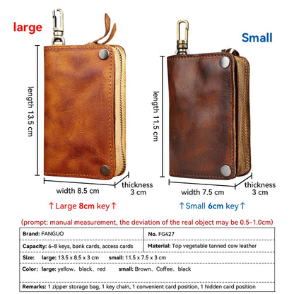 Genuine Leather Key Wallet for Men – Handmade Zipper Key Organizer with Card Slot