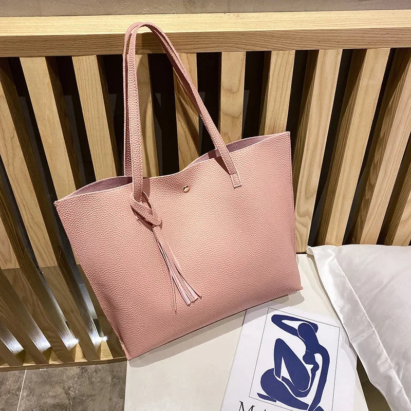 Trend Women Single Shoulder Bag Casual Large Capacity Pu Lychee Pattern Tassel Outdoor Simple Tote