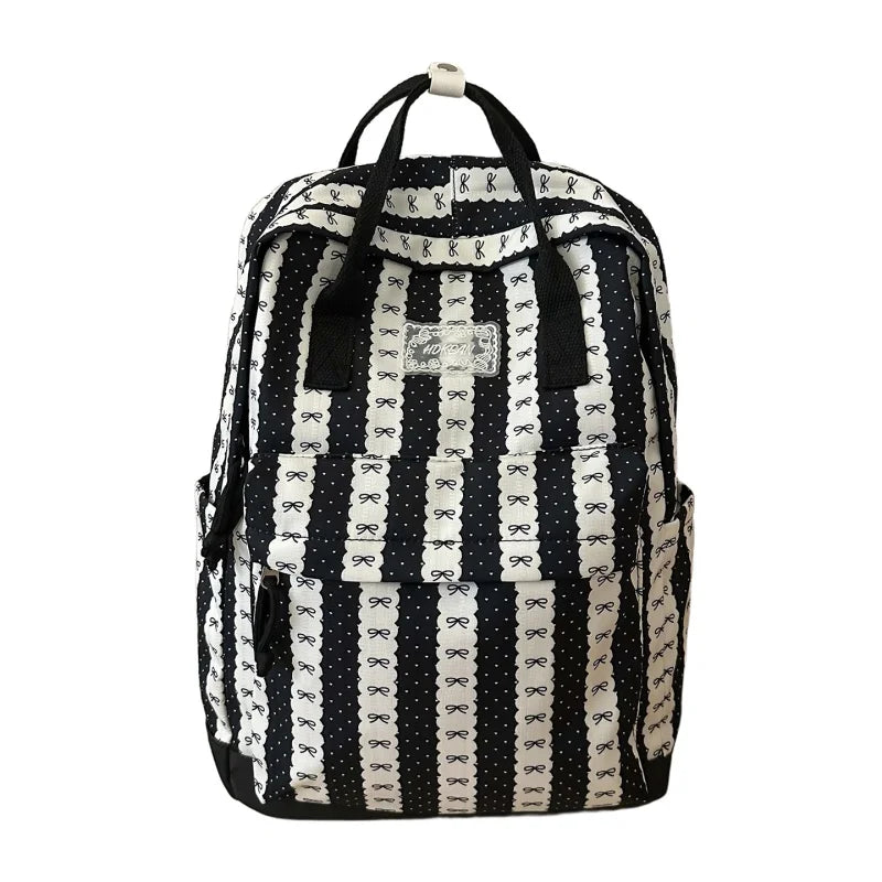 Cute Bow Print Striped Backpack – Lightweight School Bag for Women