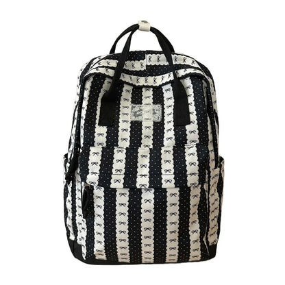 Cute Bow Print Striped Backpack – Lightweight School Bag for Women