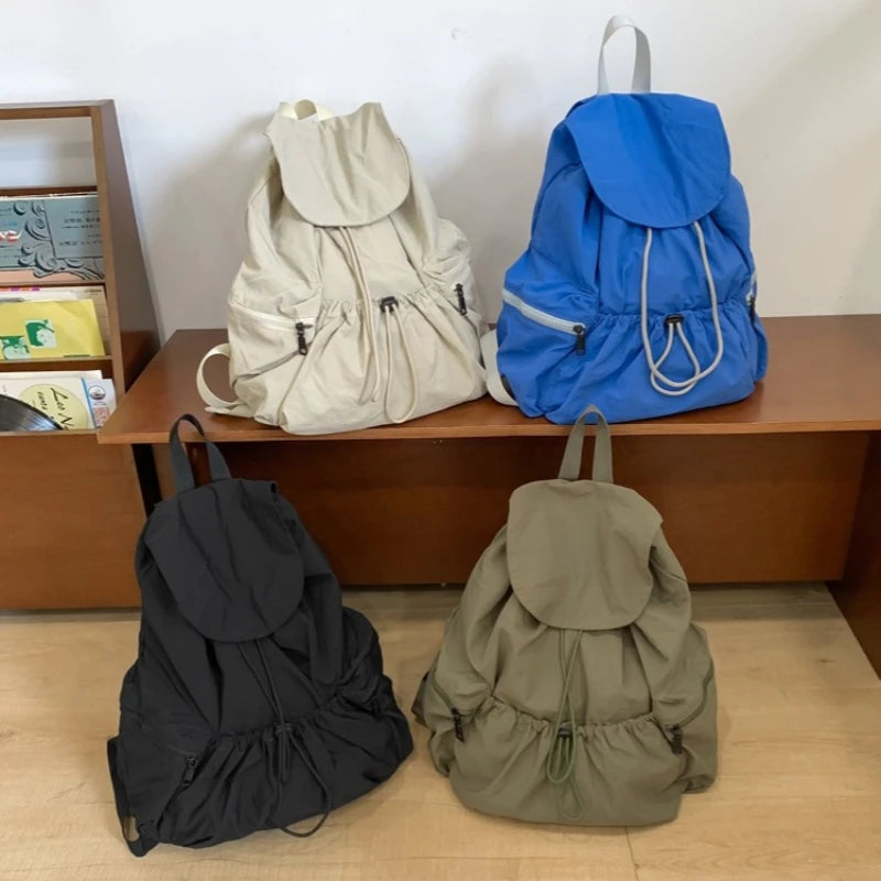 Pleated Drawstring Nylon Backpack – Large Capacity School Bag for Women
