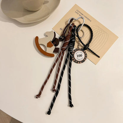 Braided Rope Bag Charm with Leather Rocking Horse Pendant