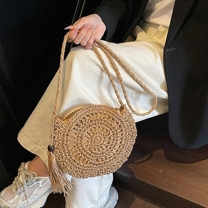 Round Straw Crossbody Bag – Boho Tassel Beach Bag
