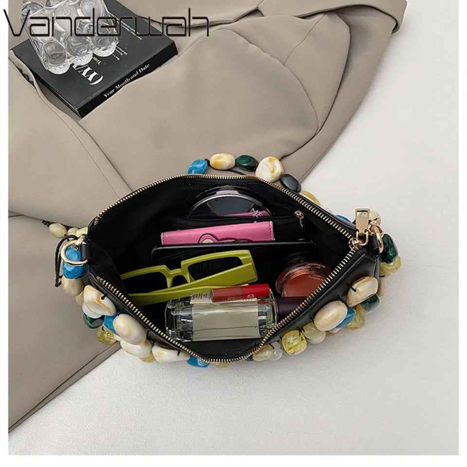 Stone-Embellished Evening Clutch Bag for Women – Baguette Shoulder Handbag