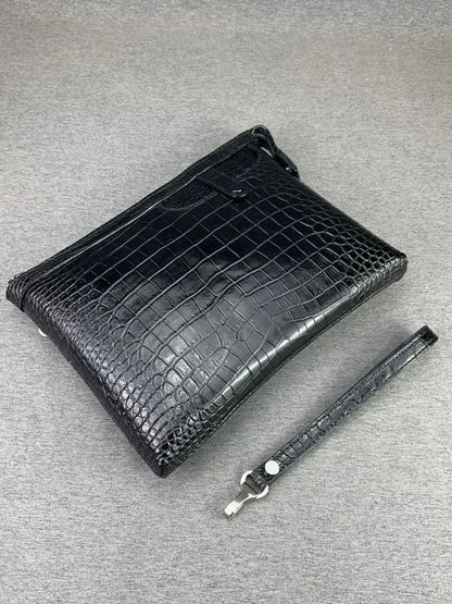 Crocodile Leather Men's Envelope Clutch Bag – Black Large Capacity