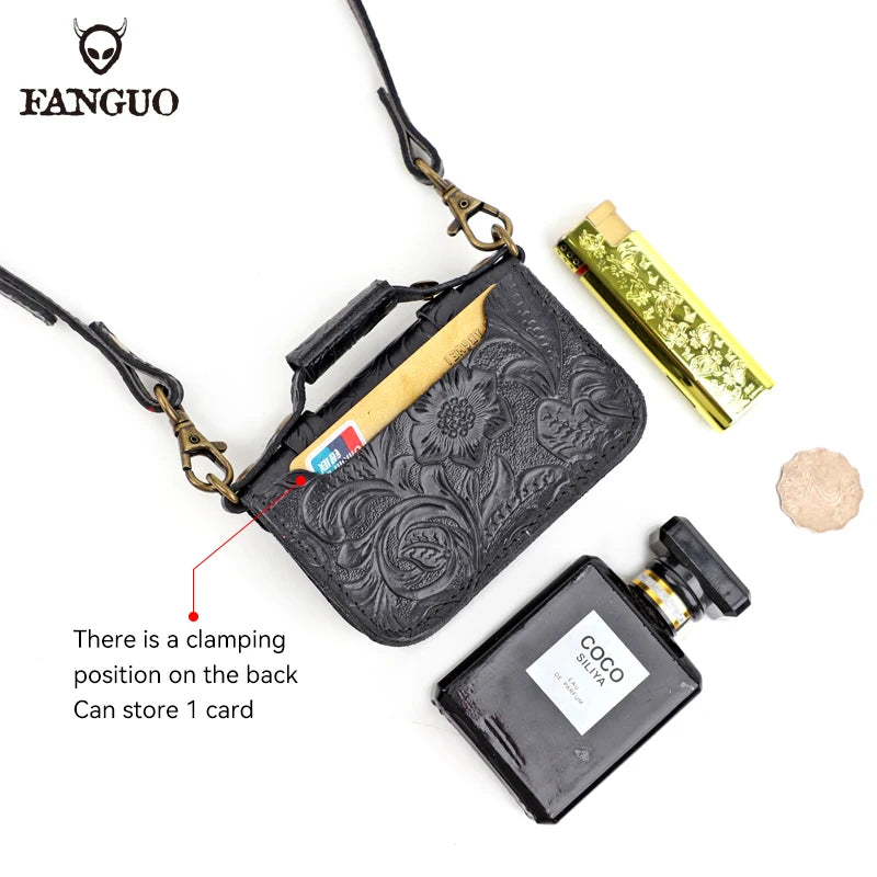 Genuine Leather Mini Crossbody Bag – Floral Embossed Satchel for Women