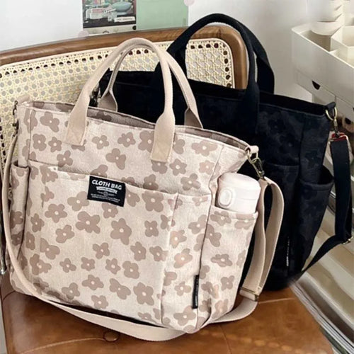 Floral Canvas Tote Bag – Large Laptop Shoulder Bag for Students