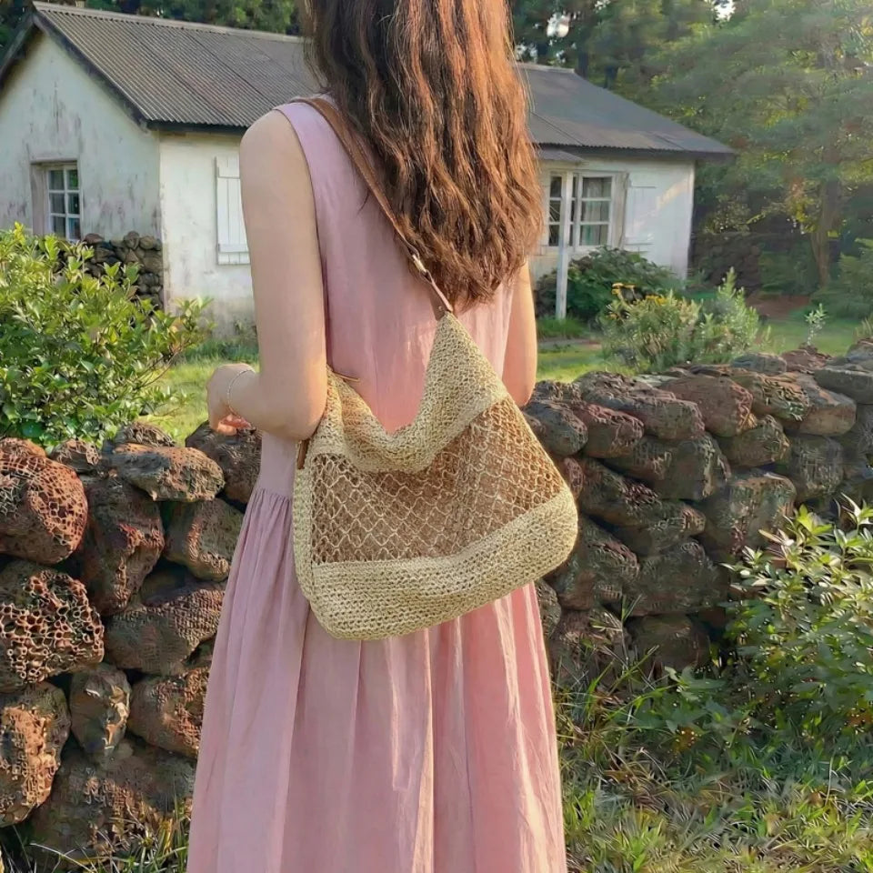 Women's Handmade Straw Beach Bag – Large Hollow Mesh Shoulder Bag