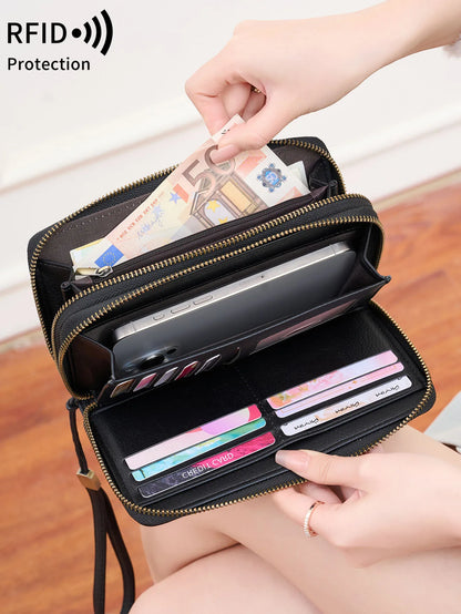 RFID Blocking Double-Zipper Wallet for Women – Vintage Large Capacity Card Holder