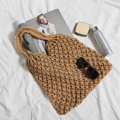 Straw Woven Beach Tote Bag – Large Hollow-Out Shoulder Handbag for Women
