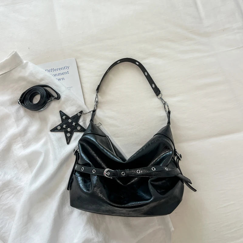 Moods Biker Style Shoulder Hobo Bags Women Soft Pu Leather Large Capacity Shopper Totes Rivets Decor