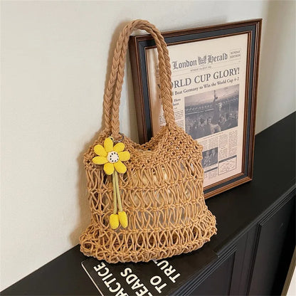 Straw Woven Hollow-Out Shoulder Bag with Flower Charm