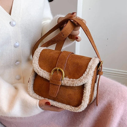 Suede Sherpa Crossbody Bag – Women's Plush Saddle Handbag