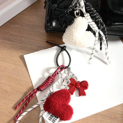 Plush Heart Keychain with Bow – Cute Woven Rope Bag Charm