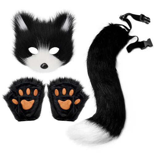 Fox Wolf Cosplay Costume Set – Fluffy Mask, Tail & Paw Gloves for Halloween