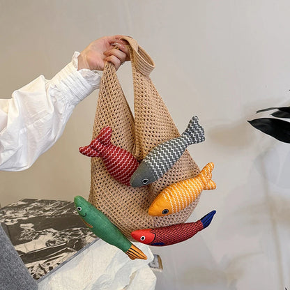 Fish Knit Tote Bag – Crochet Shoulder Bag with 3D Fish
