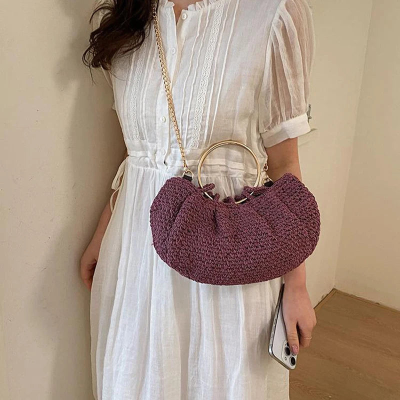 Handwoven Straw Crossbody Bag with Gold Ring Handle
