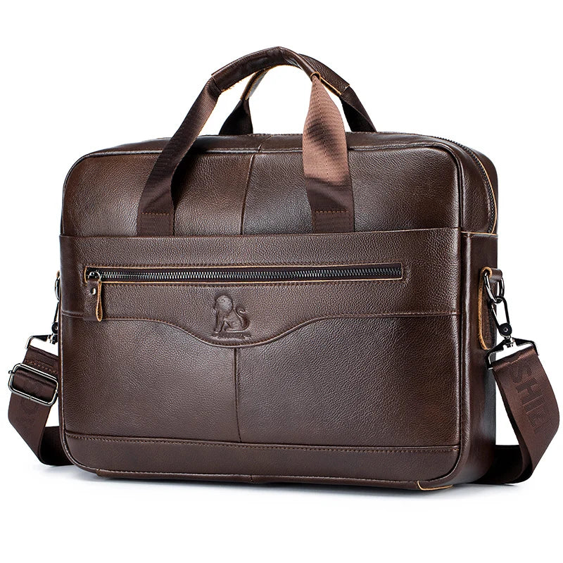 Genuine Leather Briefcase for Men – 14" Laptop Bag, Large Capacity