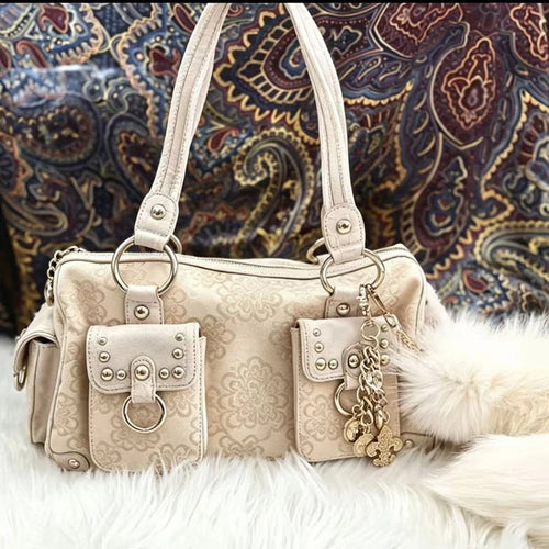 Y2K Retro Printed Shoulder Bag with Rivet Multi-Pocket Tote