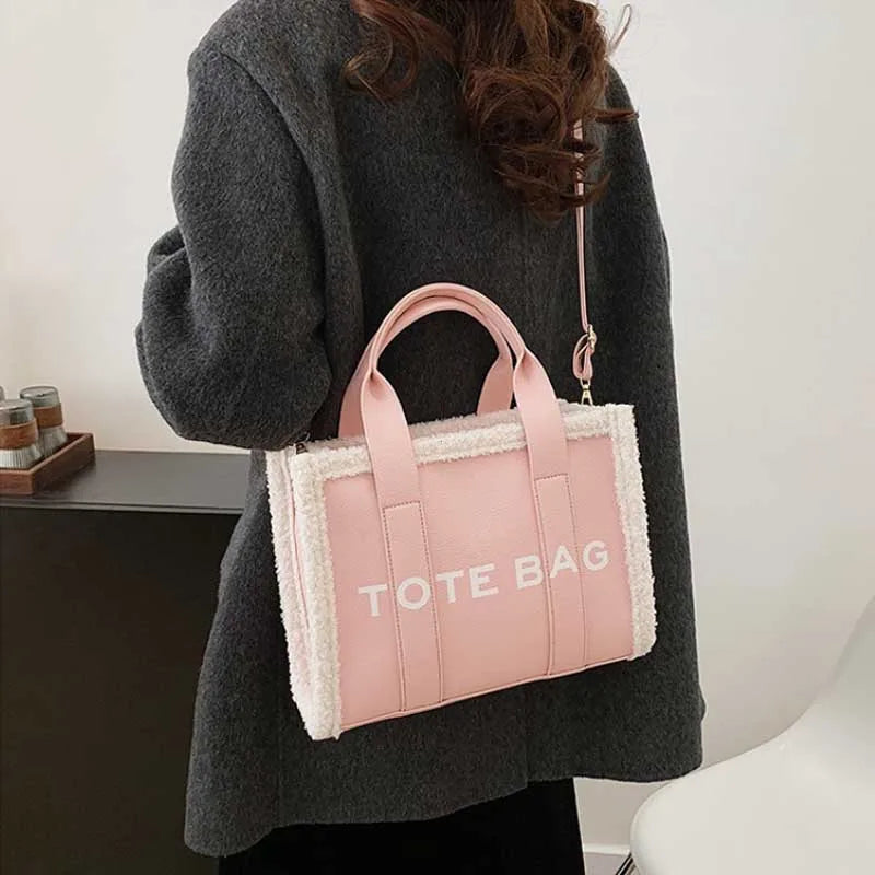 Tote Bag – Women's Quilted Letter Print Crossbody with Plush Edge
