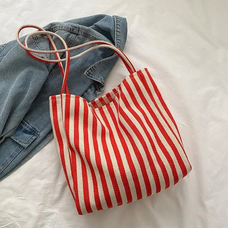 Large Canvas Tote Bag – Striped Shopper Shoulder Bag