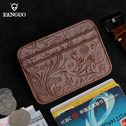 Genuine Leather Card Holder – Slim Floral Embossed Credit Card Wallet