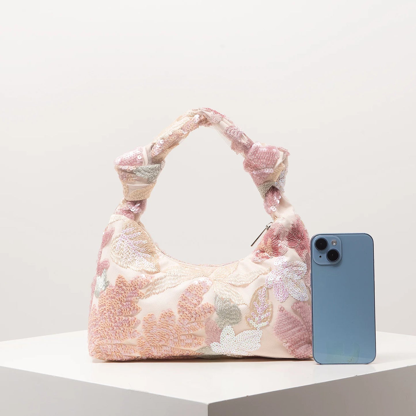 Floral Sequin Hobo Bag – Embroidery Knotted Handle Shoulder Purse