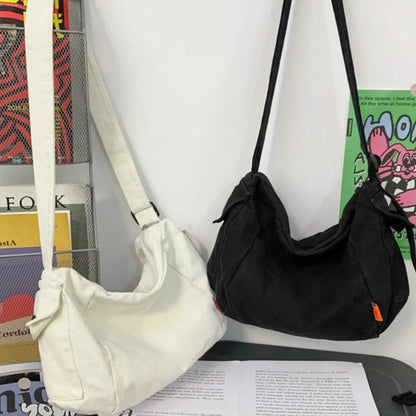 Female Canvas Fabric Hobo Soft Slouchy Shoulder Bag Y2k Student Leisure Medium Size School Book