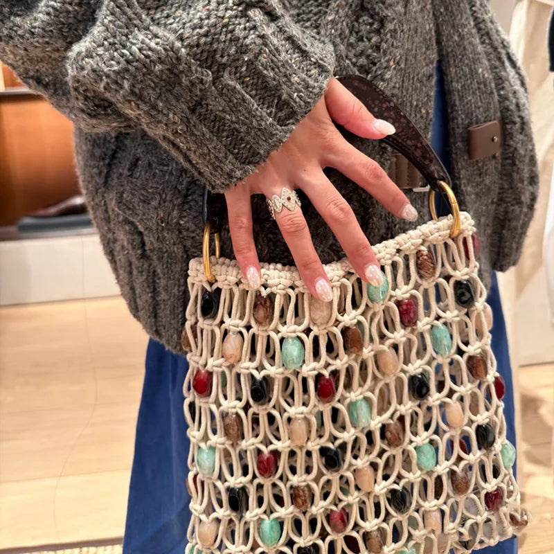 Hand-Woven Beaded Hollow Handbag – Luxury Boho Beach Bag for Women