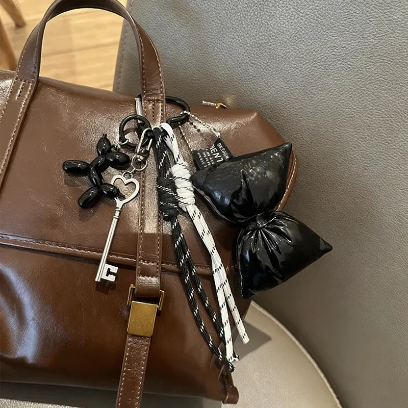 Cute Bow Mini Bag Keychain Charm – Quilted Leather Key Holder Pendant