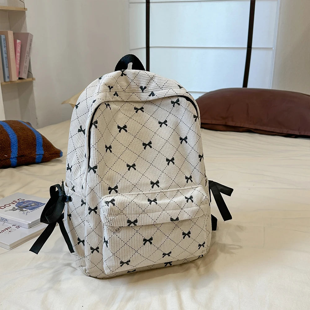 Corduroy Bow Backpack – Cute School Bag for Girls & College Students