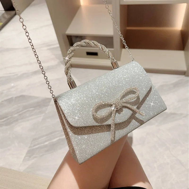 Glitter Evening Clutch Bag – Diamond Bow Chain Crossbody Purse