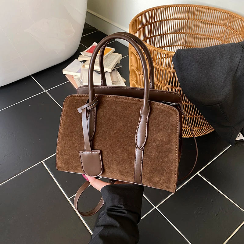 Moods Luxury Designer Top-Handle Boston Bags Women Pu Suede Pure Color Big Capacity Shopper Shoulder