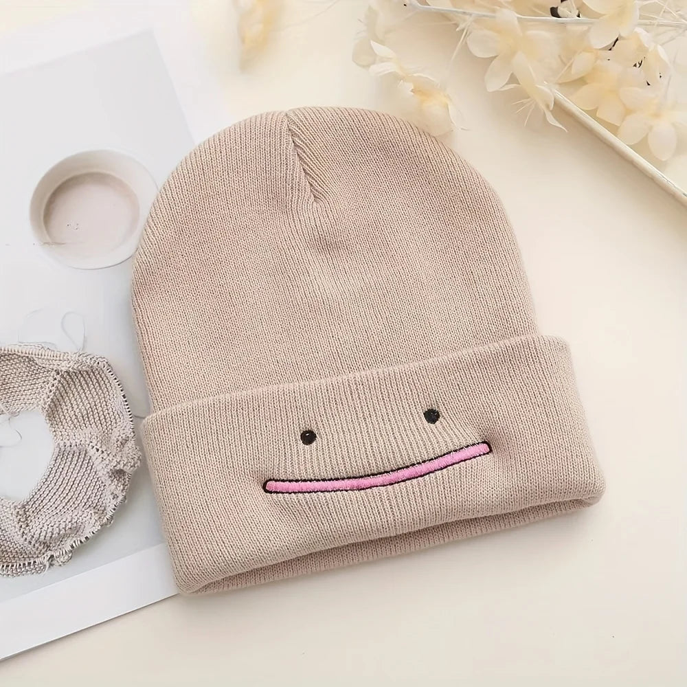 Embroidered Smile Knit Beanie – Stretchy Winter Hat