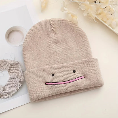 Embroidered Smile Knit Beanie – Stretchy Winter Hat