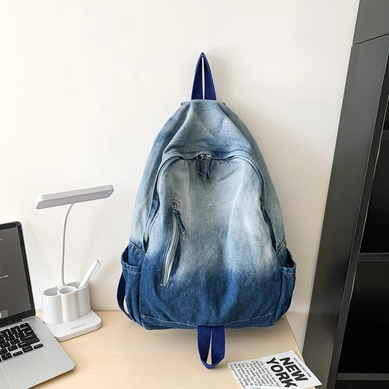 Washed Denim Backpack – Large Capacity School Bag