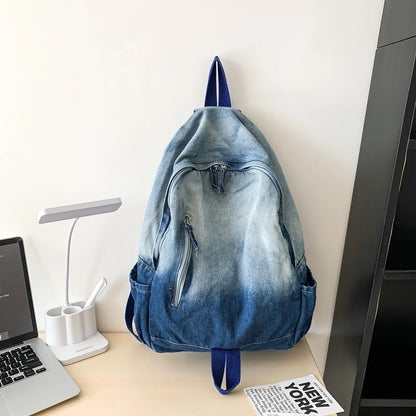 Washed Denim Backpack – Large Capacity School Bag