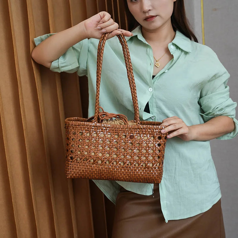 Handmade Woven Leather Tote Bag – Hollow Drawstring Shoulder Bag