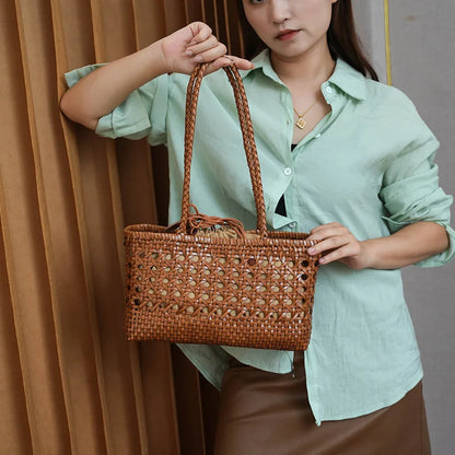 Handmade Woven Leather Tote Bag – Hollow Drawstring Shoulder Bag