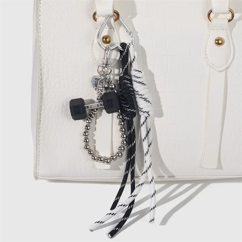 Dumbbell Keychain with Braided Rope & Silver Bead Chain