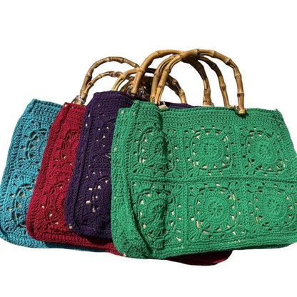 Vintage Bamboon Handle Women Handbags Crochet Large Capacity Tote Bag Handmade Woven Hollow Beach