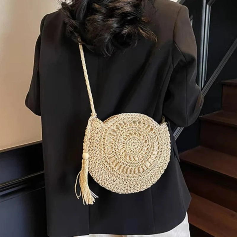 Round Straw Crossbody Bag – Boho Tassel Beach Bag