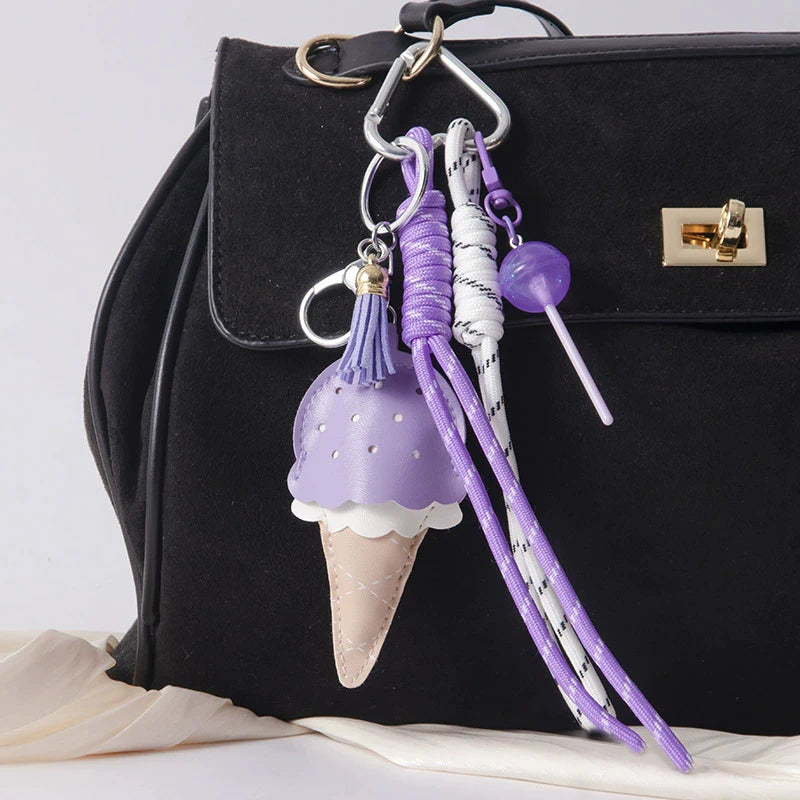 Ice Cream Cone Keychain Bag Charm with Woven Rope Tassel