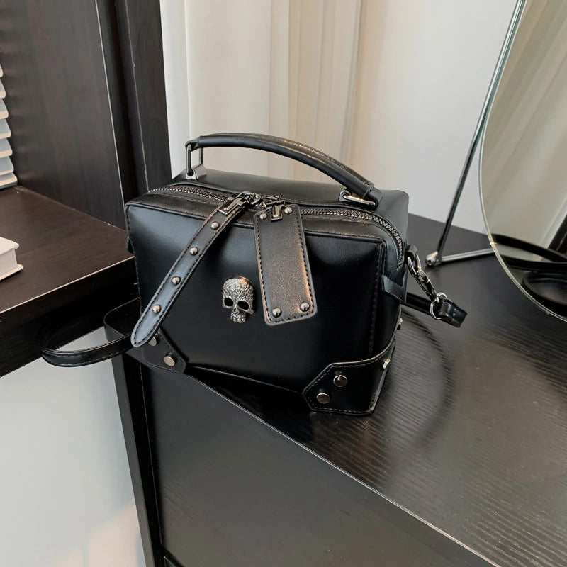 Gothic Punk PU Leather Crossbody Box Bag with Cross & Chain Detail